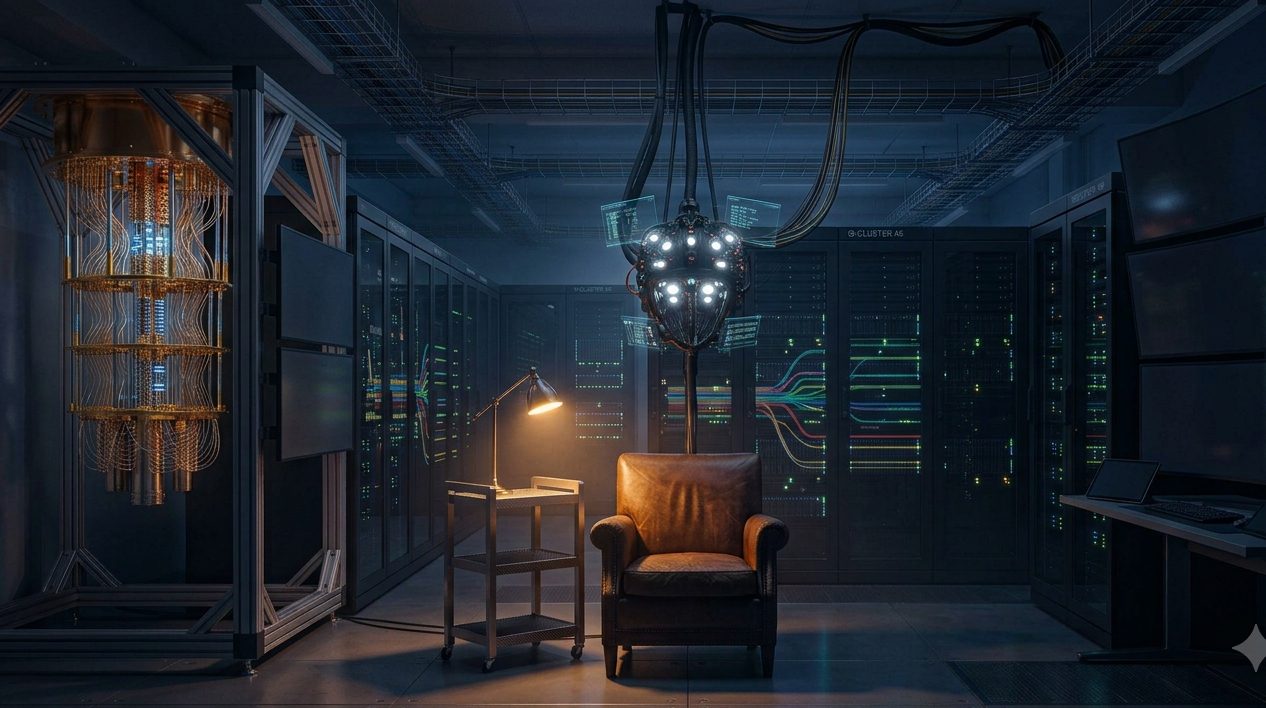 Doctor Time's laboratory at night: an empty leather chair under a warm lamp, a neural helmet suspended above it, the gold quantum Core glowing among dark server racks.